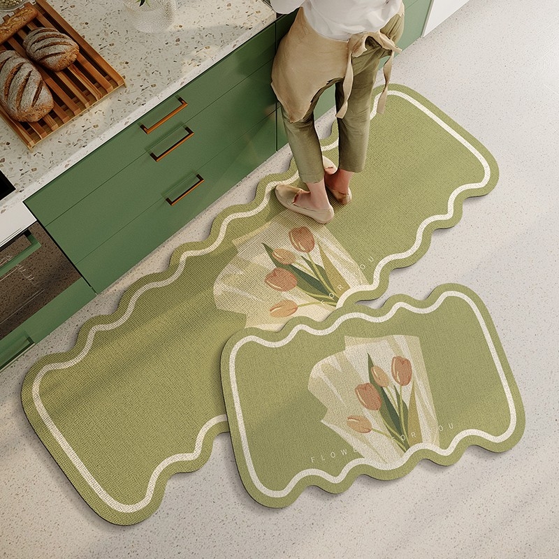 Set covorașe de podea pentru bucătărie din lut diatom – absorbant, anti-derapant, impermeabil, rezistent la ulei, lavabil, cu model floral