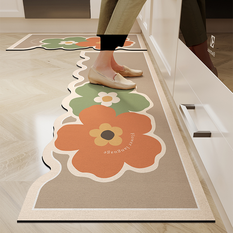 Set covorașe de podea pentru bucătărie din lut diatom – absorbant, anti-derapant, impermeabil, rezistent la ulei, lavabil, cu model floral