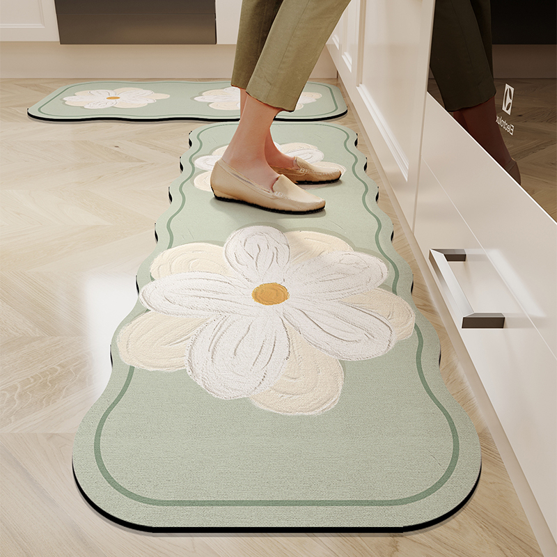 Set covorașe de podea pentru bucătărie din lut diatom – absorbant, anti-derapant, impermeabil, rezistent la ulei, lavabil, cu model floral