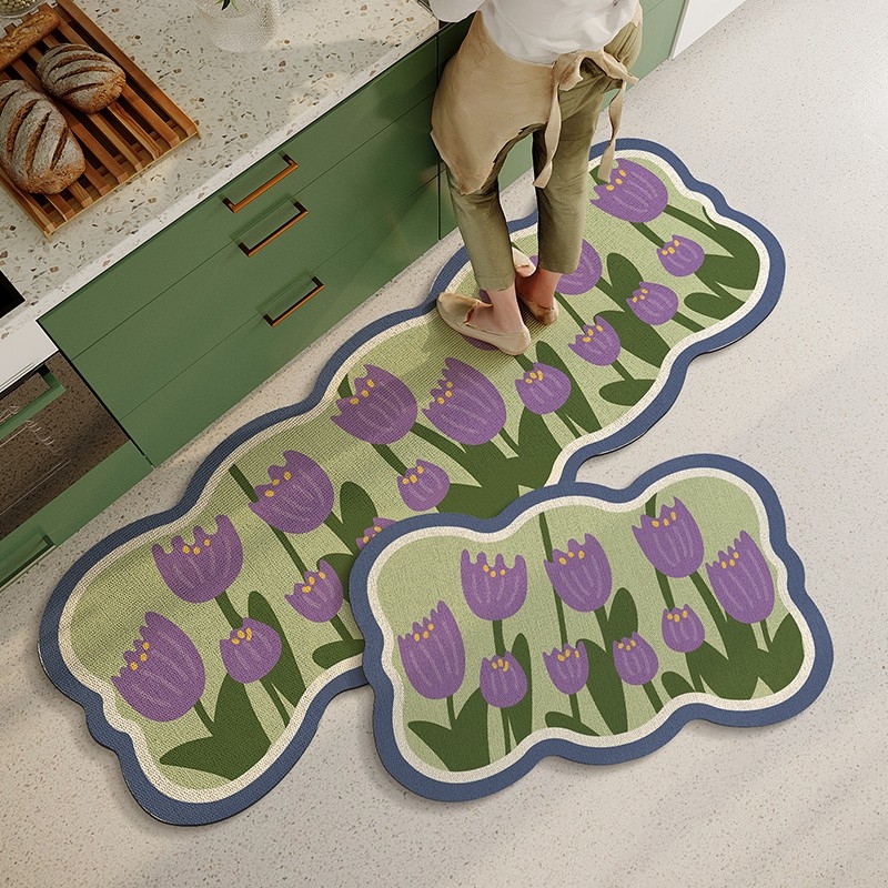 Set covorașe de podea pentru bucătărie din lut diatom – absorbant, anti-derapant, impermeabil, rezistent la ulei, lavabil, cu model floral