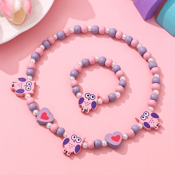 Set dječje ogrlice i narukvice od drvenih perli, cartoon stil • oslikana površina • kuglični lanac • oblik: dijete/životinja/zodijak