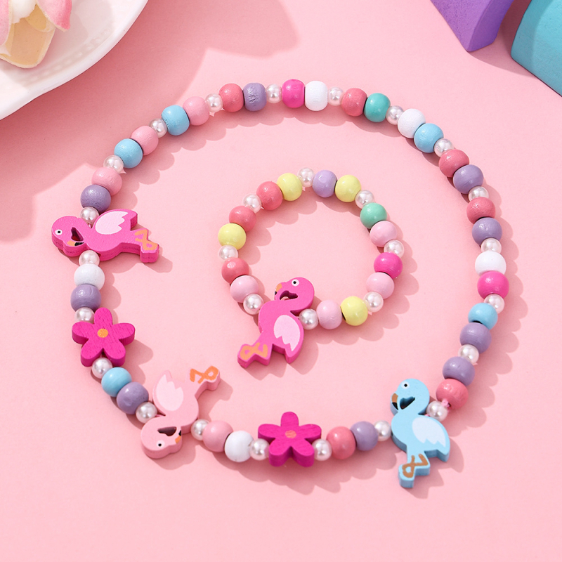 Set dječje ogrlice i narukvice od drvenih perli, cartoon stil • oslikana površina • kuglični lanac • oblik: dijete/životinja/zodijak