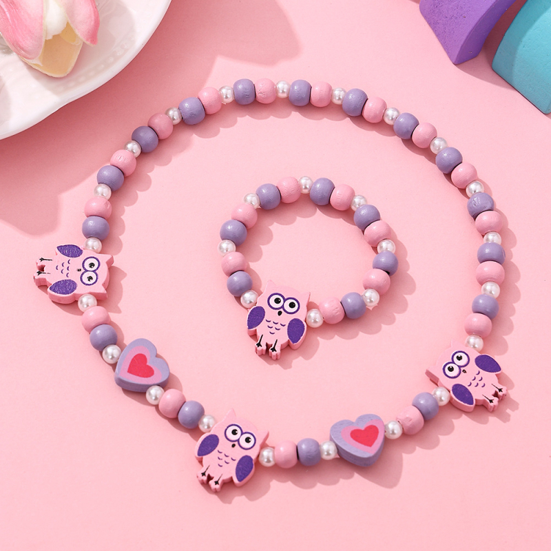 Set dječje ogrlice i narukvice od drvenih perli, cartoon stil • oslikana površina • kuglični lanac • oblik: dijete/životinja/zodijak