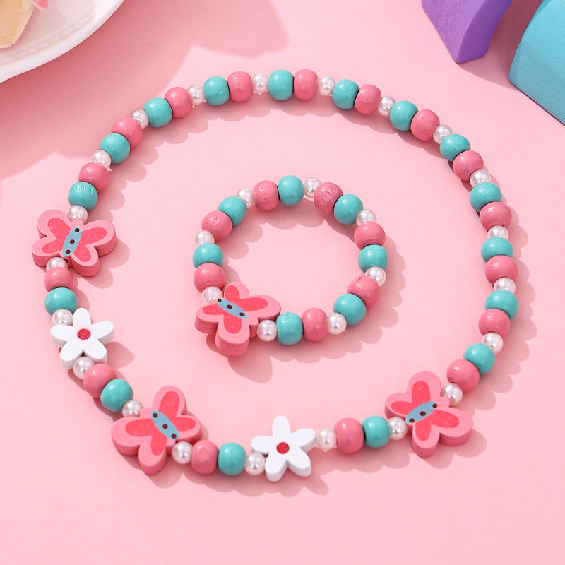 Set dječje ogrlice i narukvice od drvenih perli, cartoon stil • oslikana površina • kuglični lanac • oblik: dijete/životinja/zodijak