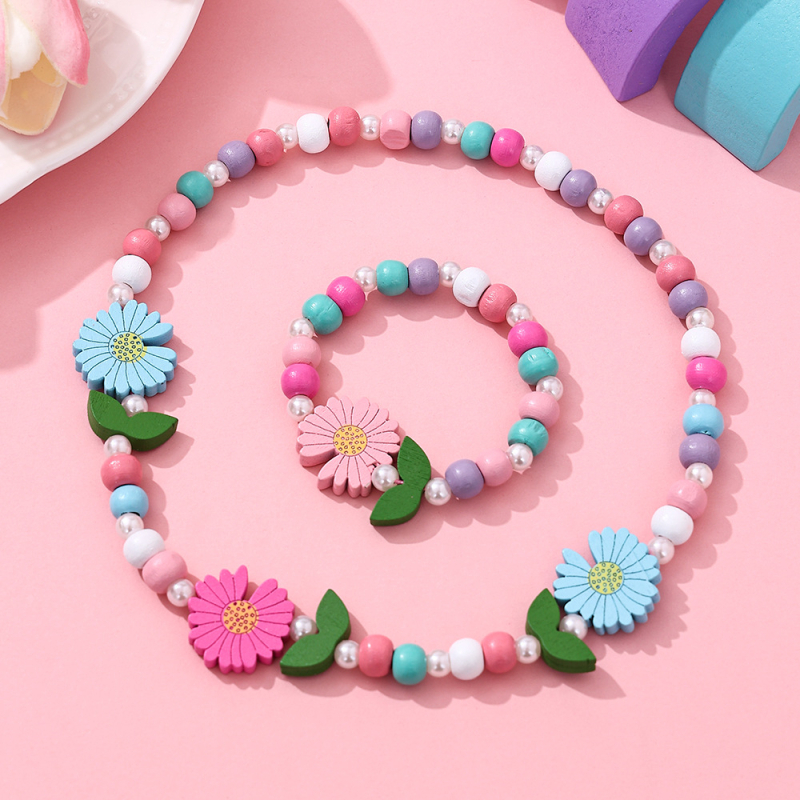 Set dječje ogrlice i narukvice od drvenih perli, cartoon stil • oslikana površina • kuglični lanac • oblik: dijete/životinja/zodijak