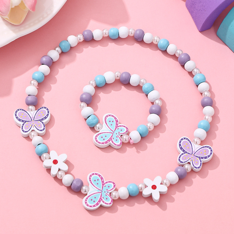 Set dječje ogrlice i narukvice od drvenih perli, cartoon stil • oslikana površina • kuglični lanac • oblik: dijete/životinja/zodijak