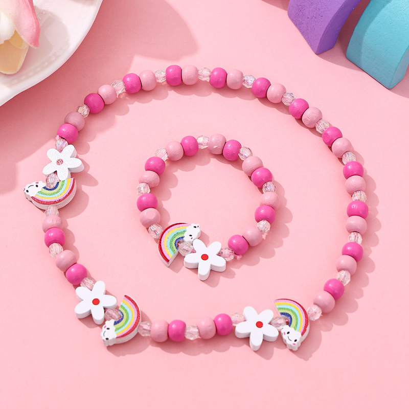 Set dječje ogrlice i narukvice od drvenih perli, cartoon stil • oslikana površina • kuglični lanac • oblik: dijete/životinja/zodijak