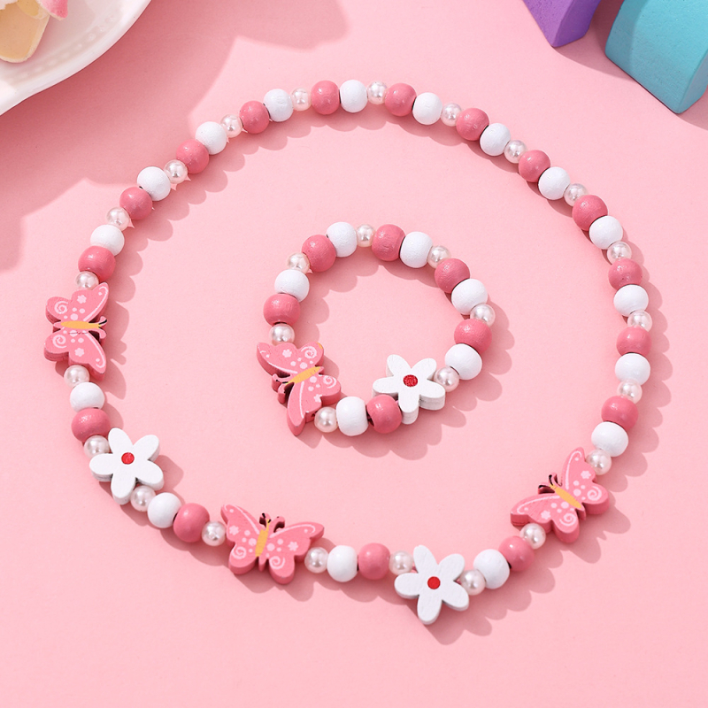 Set dječje ogrlice i narukvice od drvenih perli, cartoon stil • oslikana površina • kuglični lanac • oblik: dijete/životinja/zodijak