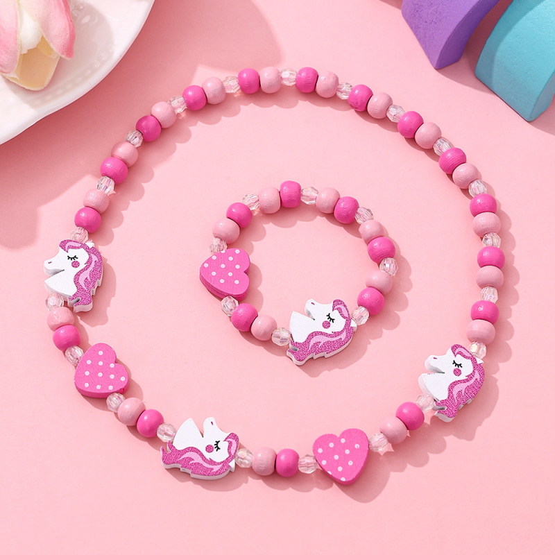 Set dječje ogrlice i narukvice od drvenih perli, cartoon stil • oslikana površina • kuglični lanac • oblik: dijete/životinja/zodijak