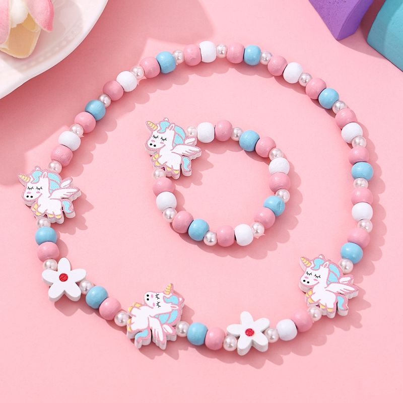 Set dječje ogrlice i narukvice od drvenih perli, cartoon stil • oslikana površina • kuglični lanac • oblik: dijete/životinja/zodijak