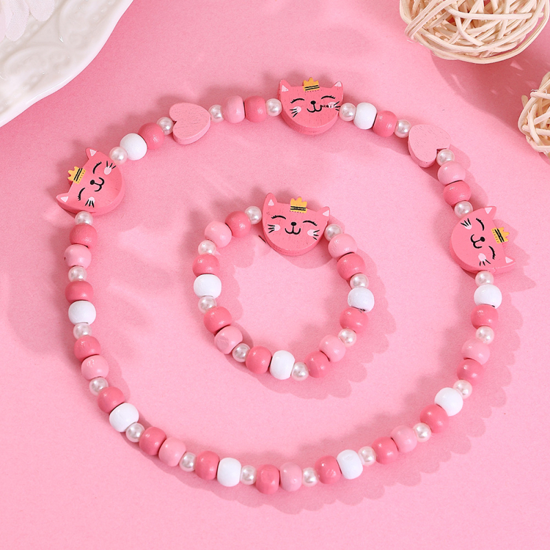 Set dječje ogrlice i narukvice od drvenih perli, cartoon stil • oslikana površina • kuglični lanac • oblik: dijete/životinja/zodijak