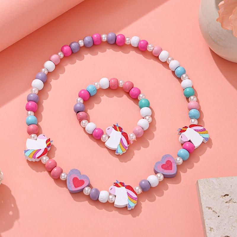 Set dječje ogrlice i narukvice od drvenih perli, cartoon stil • oslikana površina • kuglični lanac • oblik: dijete/životinja/zodijak