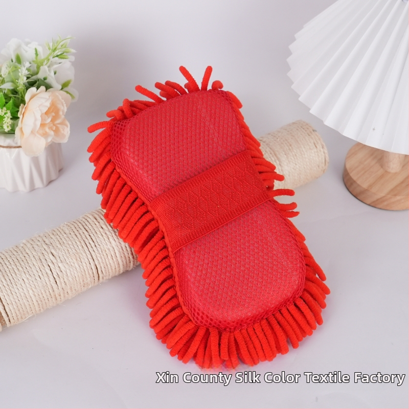 Automobilių valymo kempinė ir chenille rankšluostis — sugeria vandenį; medžiaga: kempinė + chenille; pluošto technologija: blended yarn; svoris: 55 g / 85 g; funkcija: automobilių valymas