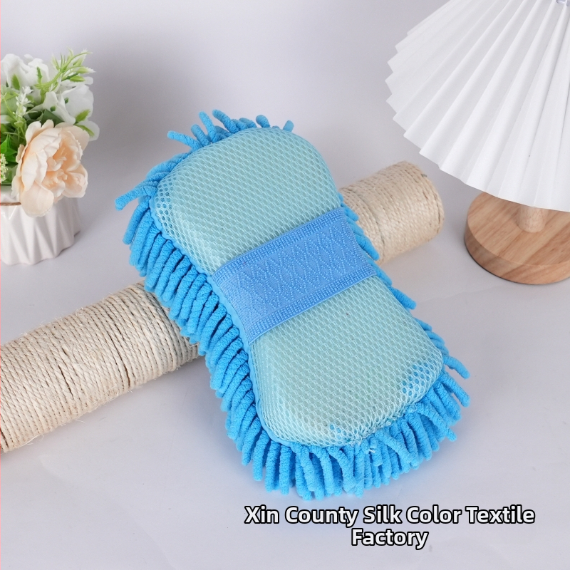 Automobilių valymo kempinė ir chenille rankšluostis — sugeria vandenį; medžiaga: kempinė + chenille; pluošto technologija: blended yarn; svoris: 55 g / 85 g; funkcija: automobilių valymas