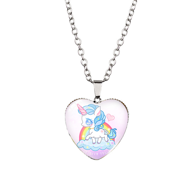 Ogrlica s privjeskom srca i jednorogom, od legure, privjesak od organskog stakla, elektroplating, duljina 51–80 cm