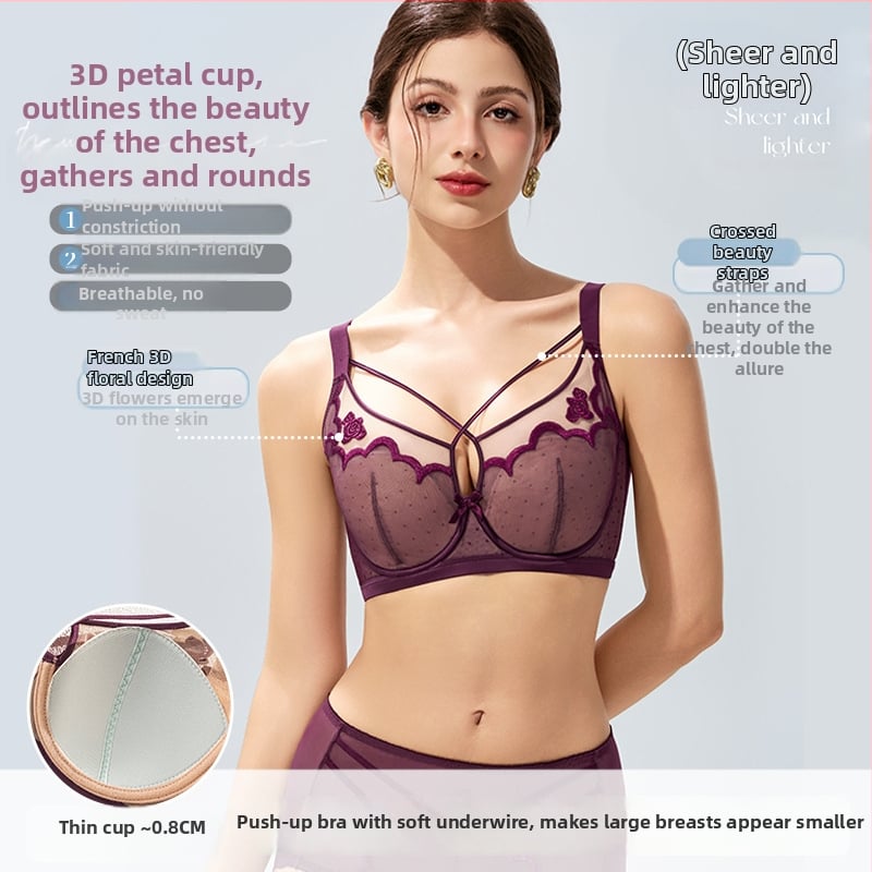 Push-up melltartó nőknek nagy mellekhez, 3/4 kosár, ultra vékony formázott kosár, nylon anyag, állítható, hátul négy soros záródás