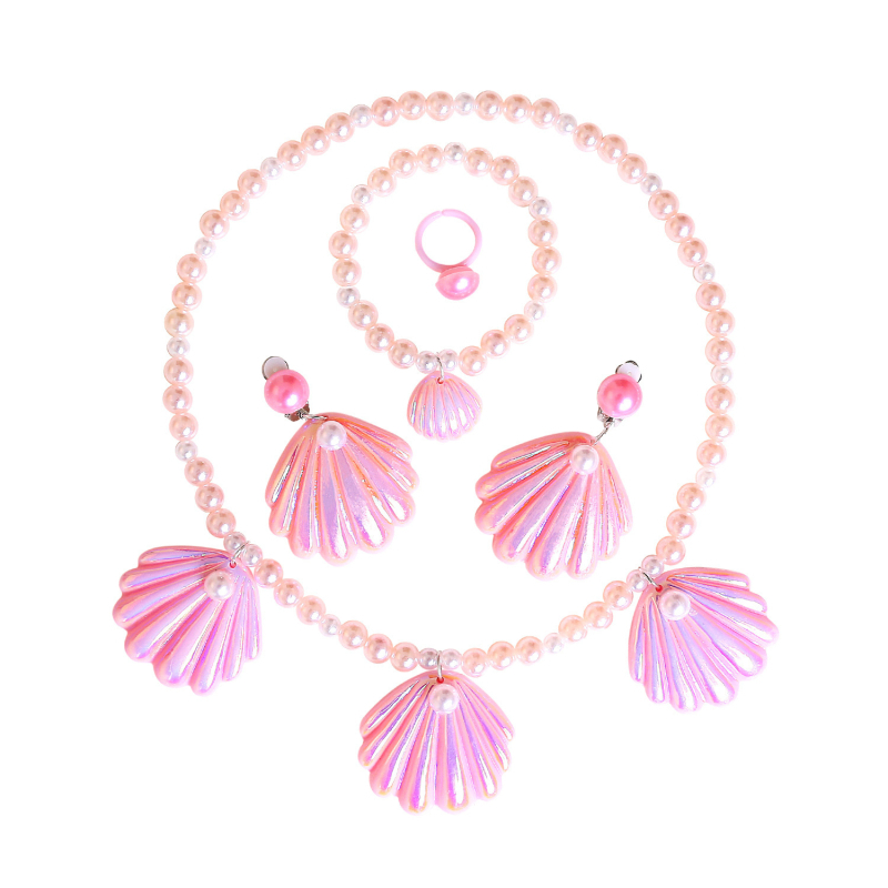 Shell mermaid karoliai ir auskarų komplektas vaikams, plastiko/resino papuošalai, amžius 3–10 m., 2023 m. vasara
