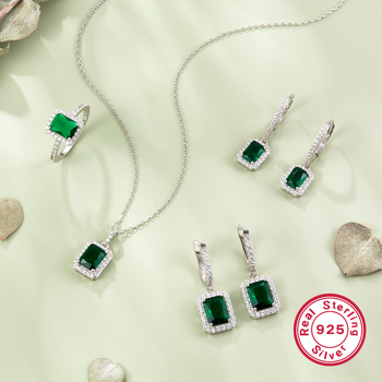 S925 srebrni set nakita: retro elegancija, naušnice i ogrlica sa smaragdo zelenim kamenjem i cirkonima