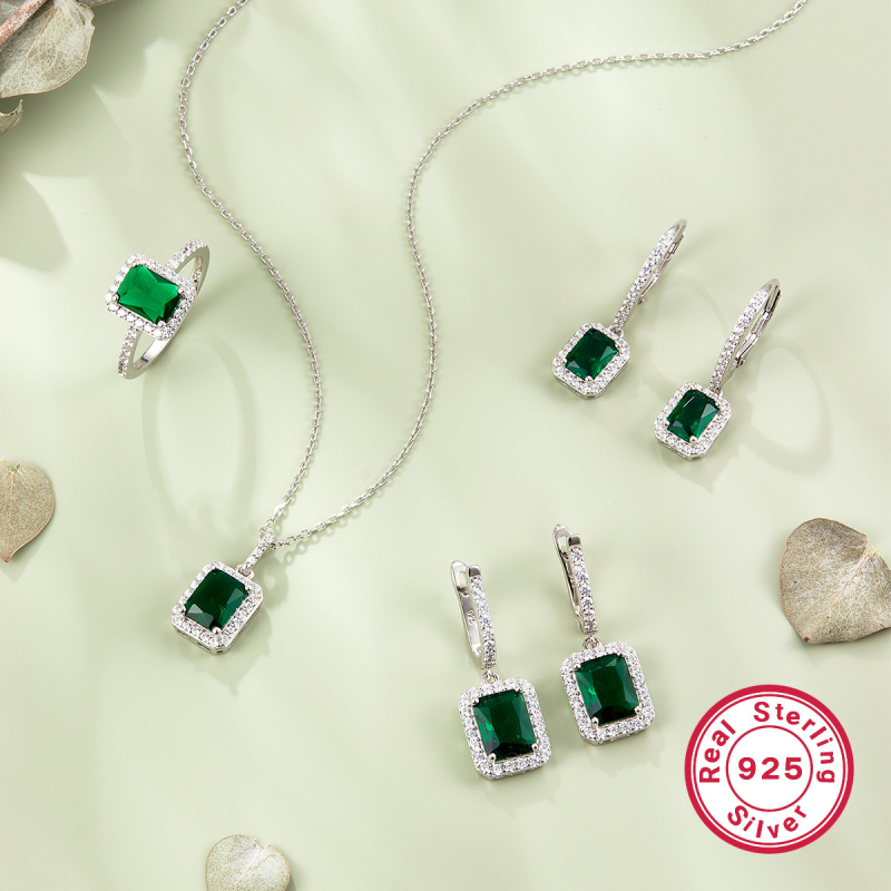 S925 srebrni set nakita: retro elegancija, naušnice i ogrlica sa smaragdo zelenim kamenjem i cirkonima