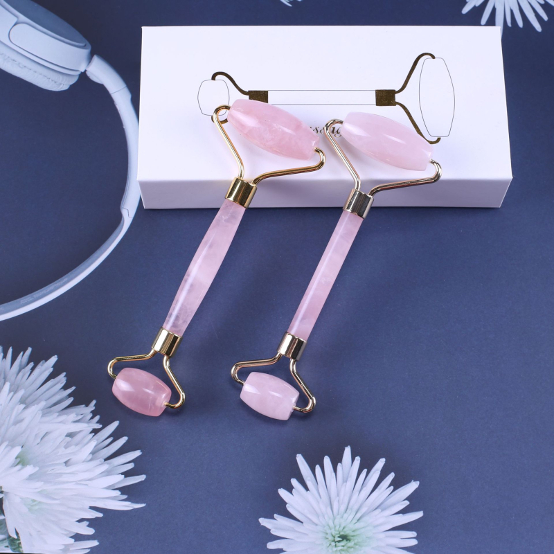 Σετ ρολέρ από ροζ χαλαζία με διπλή κεφαλή, σε σχήμα καρδιάς για μασάζ προσώπου