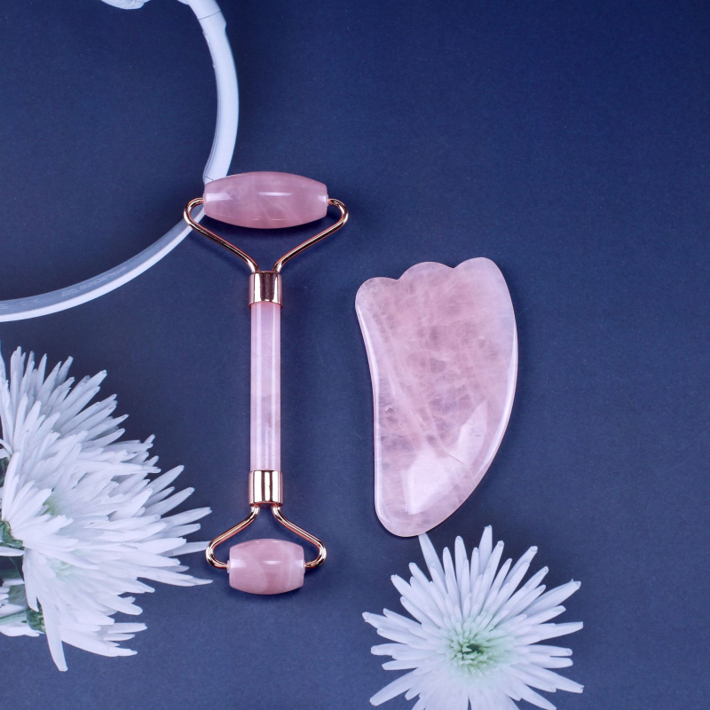 Σετ ρολέρ από ροζ χαλαζία με διπλή κεφαλή, σε σχήμα καρδιάς για μασάζ προσώπου