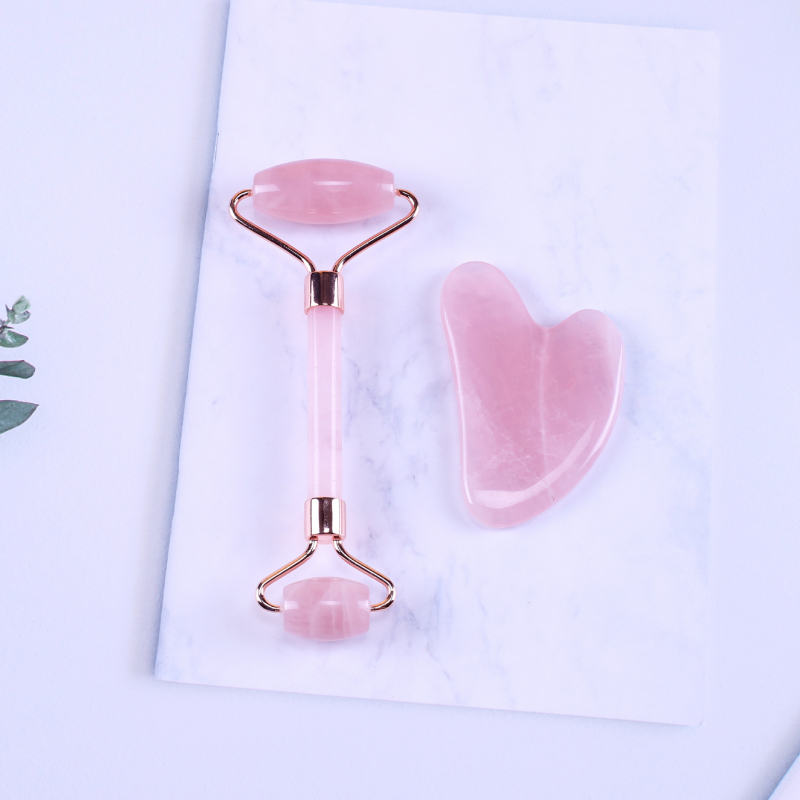 Σετ ρολέρ από ροζ χαλαζία με διπλή κεφαλή, σε σχήμα καρδιάς για μασάζ προσώπου