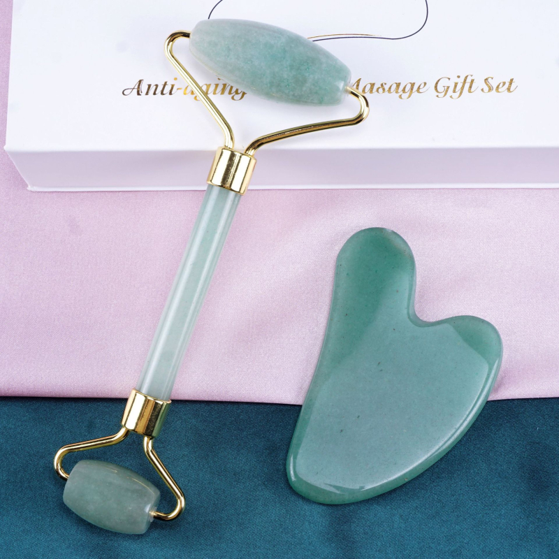 Σετ ρολέρ από ροζ χαλαζία με διπλή κεφαλή, σε σχήμα καρδιάς για μασάζ προσώπου