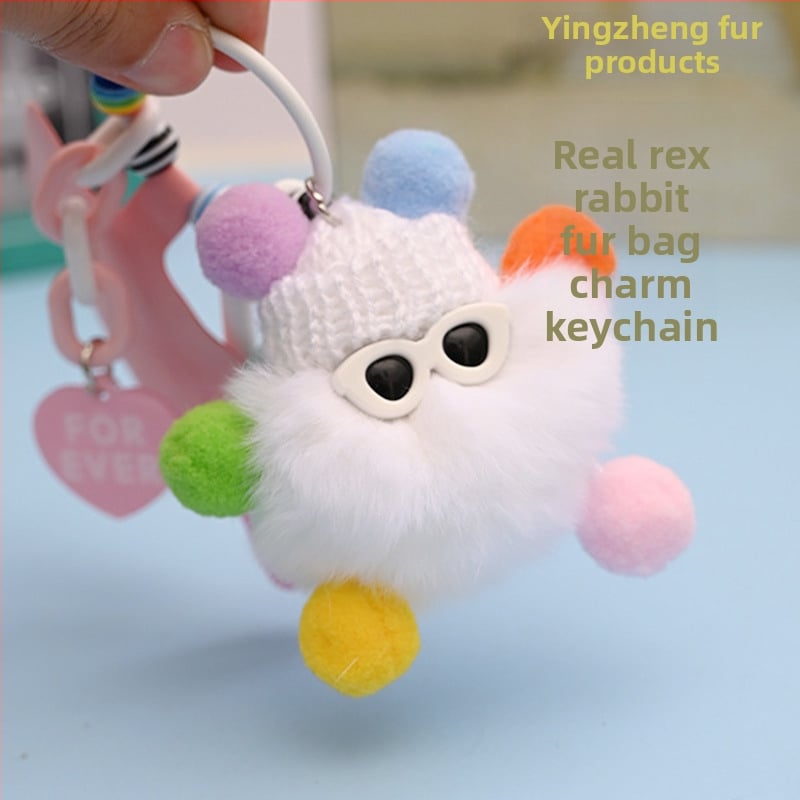 Rex triušių kailio raktų pakabukas, pūkuota lėlė papuošalas, mielas stilius, tinka kaip dovana