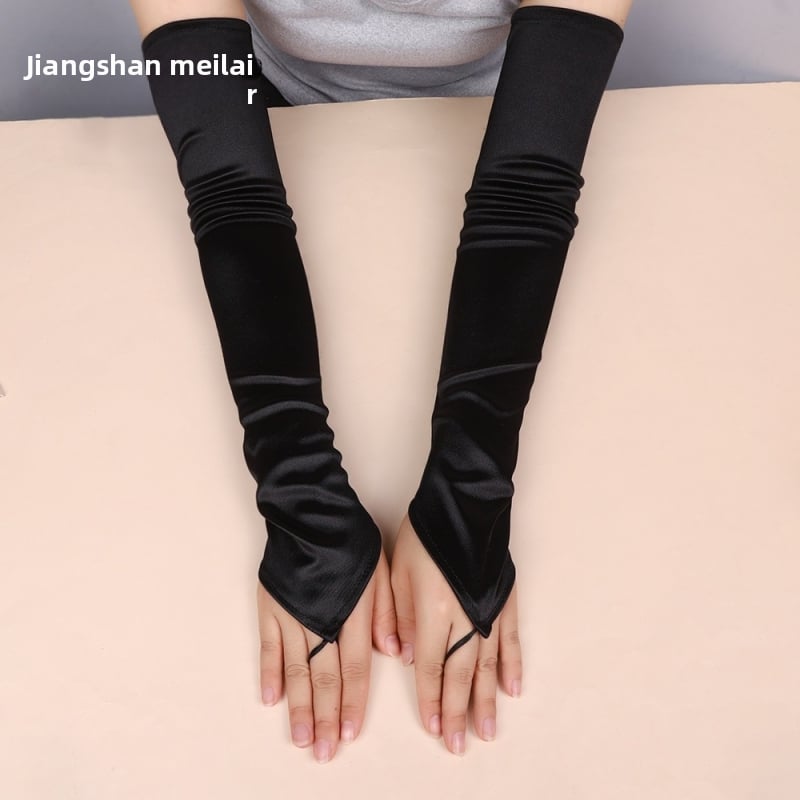 Дамски сатенени дълги ръкавици за слънцезащита - минималистичен стил, лято 2024