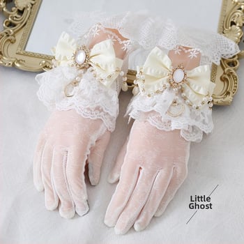 Lolita pirštinės su nėrinių kaspide ir perliukų grandine, atskirti pirštai, UV apsauga, retro elegantiškas stilius, medvilnės pagrindas ir Ice Silk audinys