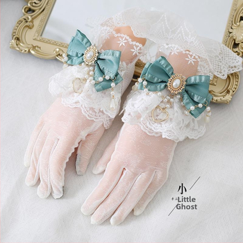 Lolita pirštinės su nėrinių kaspide ir perliukų grandine, atskirti pirštai, UV apsauga, retro elegantiškas stilius, medvilnės pagrindas ir Ice Silk audinys