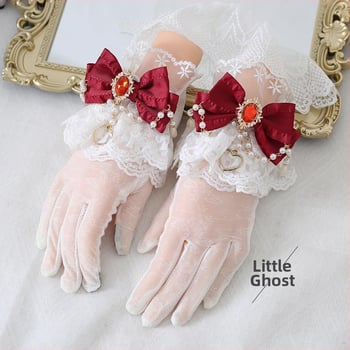 Lolita pirštinės su nėrinių kaspide ir perliukų grandine, atskirti pirštai, UV apsauga, retro elegantiškas stilius, medvilnės pagrindas ir Ice Silk audinys