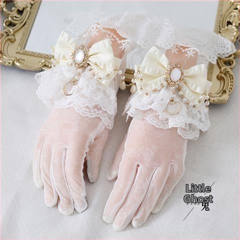Lolita pirštinės su nėrinių kaspide ir perliukų grandine, atskirti pirštai, UV apsauga, retro elegantiškas stilius, medvilnės pagrindas ir Ice Silk audinys