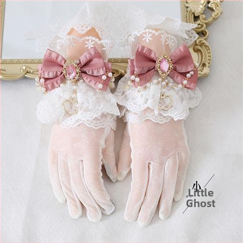 Lolita pirštinės su nėrinių kaspide ir perliukų grandine, atskirti pirštai, UV apsauga, retro elegantiškas stilius, medvilnės pagrindas ir Ice Silk audinys