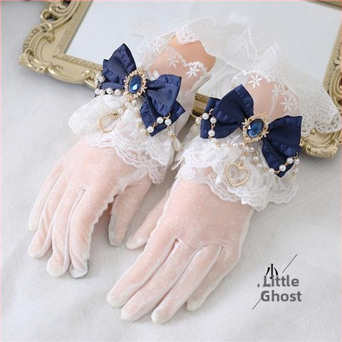 Lolita pirštinės su nėrinių kaspide ir perliukų grandine, atskirti pirštai, UV apsauga, retro elegantiškas stilius, medvilnės pagrindas ir Ice Silk audinys