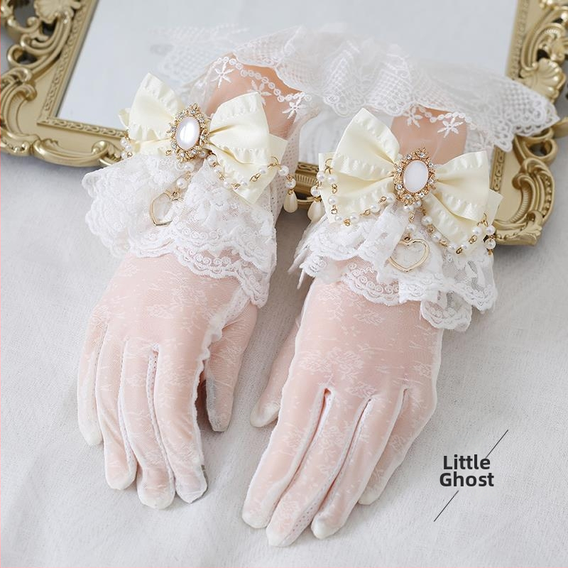 Lolita pirštinės su nėrinių kaspide ir perliukų grandine, atskirti pirštai, UV apsauga, retro elegantiškas stilius, medvilnės pagrindas ir Ice Silk audinys
