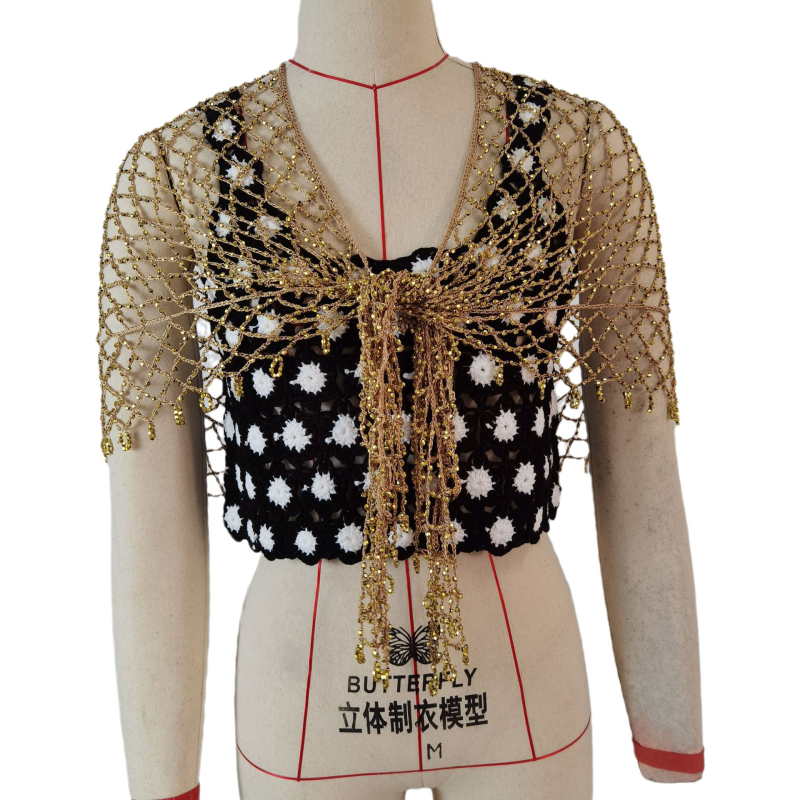 Șal triunghiular din fir de poliester, croșetă manual, model în grilă de culori, accesor decorativ pentru toate sezoanele