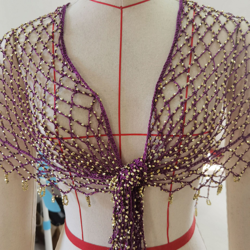 Șal triunghiular din fir de poliester, croșetă manual, model în grilă de culori, accesor decorativ pentru toate sezoanele