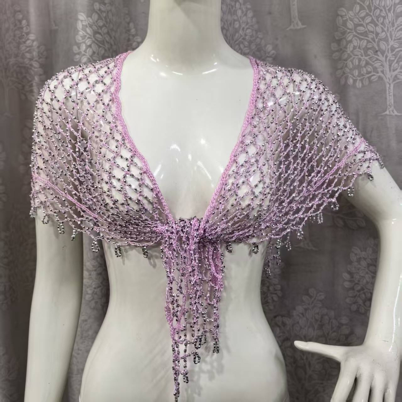 Șal triunghiular din fir de poliester, croșetă manual, model în grilă de culori, accesor decorativ pentru toate sezoanele