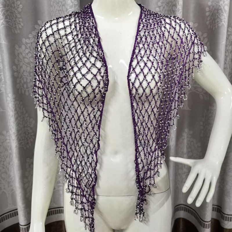 Șal triunghiular din fir de poliester, croșetă manual, model în grilă de culori, accesor decorativ pentru toate sezoanele