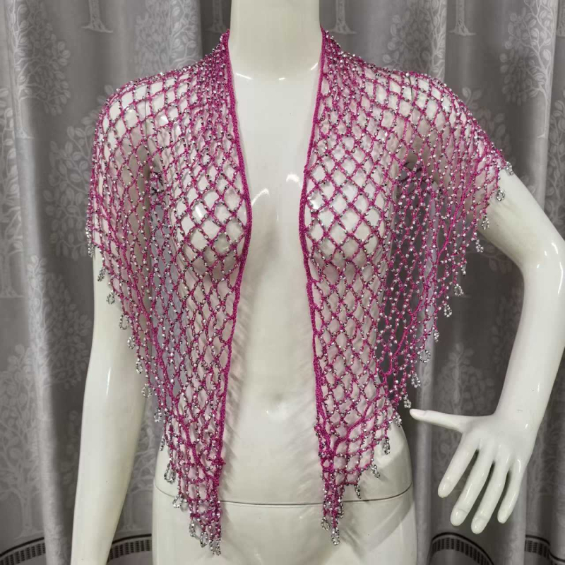 Șal triunghiular din fir de poliester, croșetă manual, model în grilă de culori, accesor decorativ pentru toate sezoanele