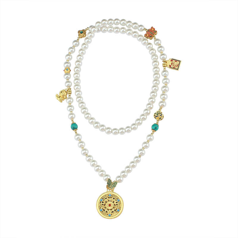 Ogrlica s ručno izrađenim bisernim lancem i privjeskom kompas od legure bakra, unisex dizajn