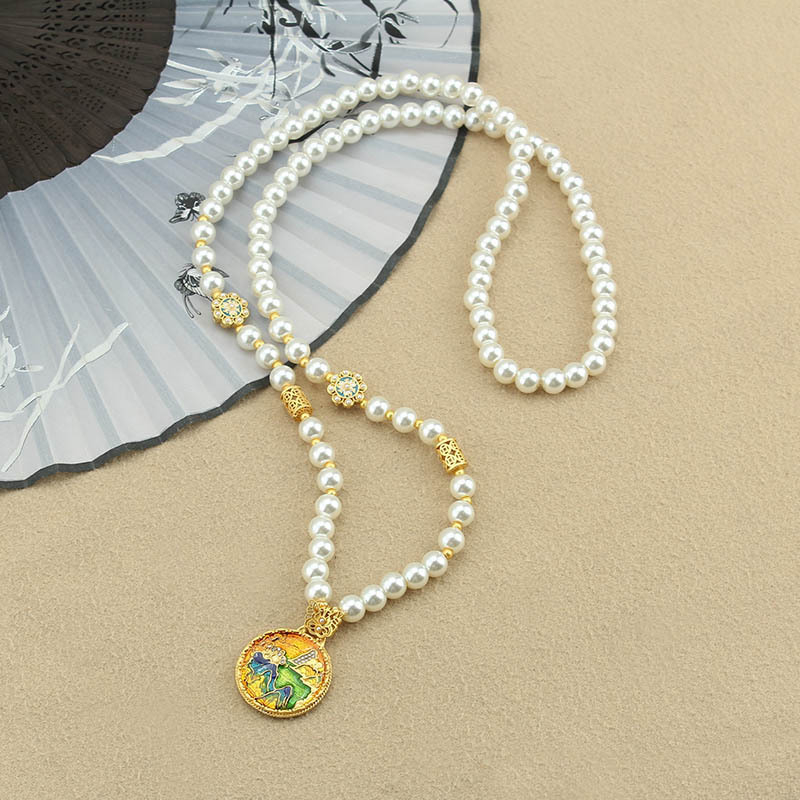 Ogrlica s ručno izrađenim bisernim lancem i privjeskom kompas od legure bakra, unisex dizajn