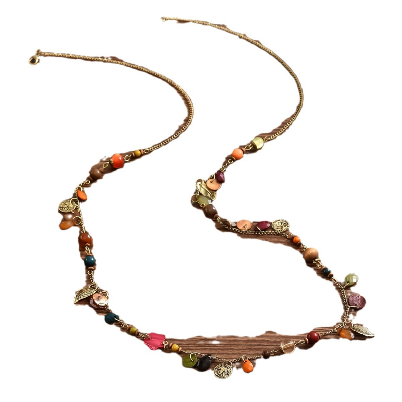 Ogrlica boho stila, dugačak dizajn s cvjetnim privjeskom; cinkova legura, elektroplatirana, duljina 41–50 cm, U-oblik, običan lanac