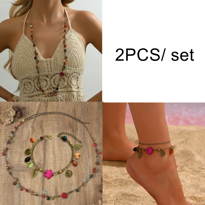 Ogrlica boho stila, dugačak dizajn s cvjetnim privjeskom; cinkova legura, elektroplatirana, duljina 41–50 cm, U-oblik, običan lanac