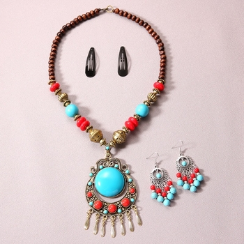 Etno-boemski set za kosu s resicama i ogrlicom – materijal: legura, lanac s kuglicama, uzorak: Ljubav / Kap vode / Zvono, set za kosu i naušnice, književno retro stil