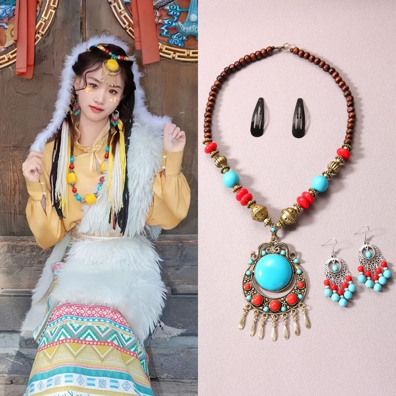 Etno-boemski set za kosu s resicama i ogrlicom – materijal: legura, lanac s kuglicama, uzorak: Ljubav / Kap vode / Zvono, set za kosu i naušnice, književno retro stil