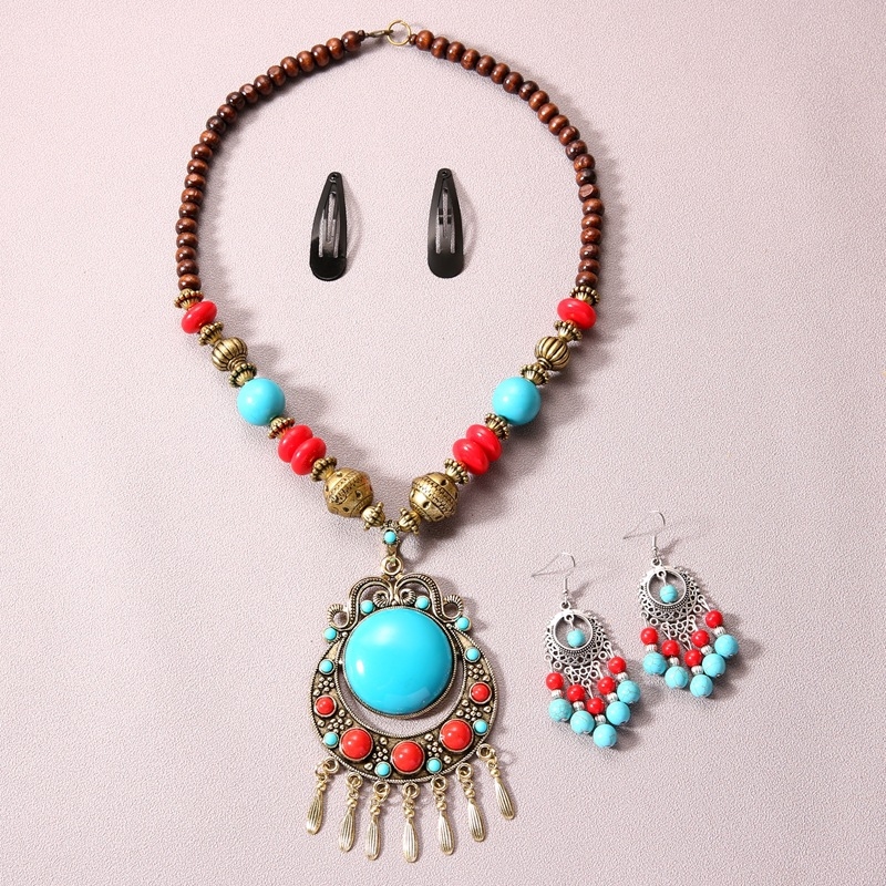 Etno-boemski set za kosu s resicama i ogrlicom – materijal: legura, lanac s kuglicama, uzorak: Ljubav / Kap vode / Zvono, set za kosu i naušnice, književno retro stil