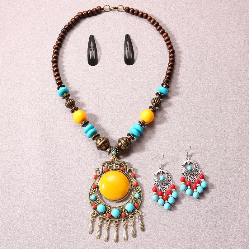 Etno-boemski set za kosu s resicama i ogrlicom – materijal: legura, lanac s kuglicama, uzorak: Ljubav / Kap vode / Zvono, set za kosu i naušnice, književno retro stil