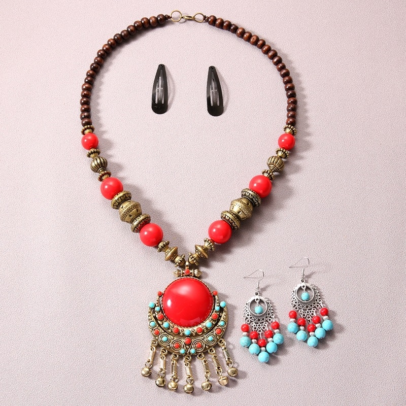 Etno-boemski set za kosu s resicama i ogrlicom – materijal: legura, lanac s kuglicama, uzorak: Ljubav / Kap vode / Zvono, set za kosu i naušnice, književno retro stil